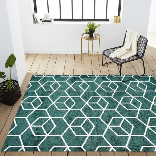 Boho Bath Mat, Geometric, Emerald Teal Green, Blush Pink