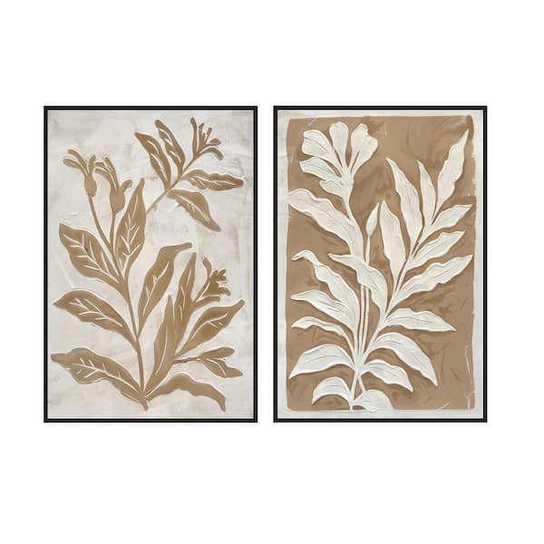 Avex 2-Piece Framed Art Print 35.4 in. x 23.6 in. Brown and White Minimalist Leaf Paintings