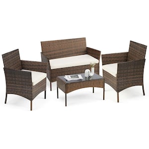 4-Piece Brown Wicker Rattan Patio Conversation Set, Outdoor Furniture Set with Glass Table, Beige Cushions for Terrace