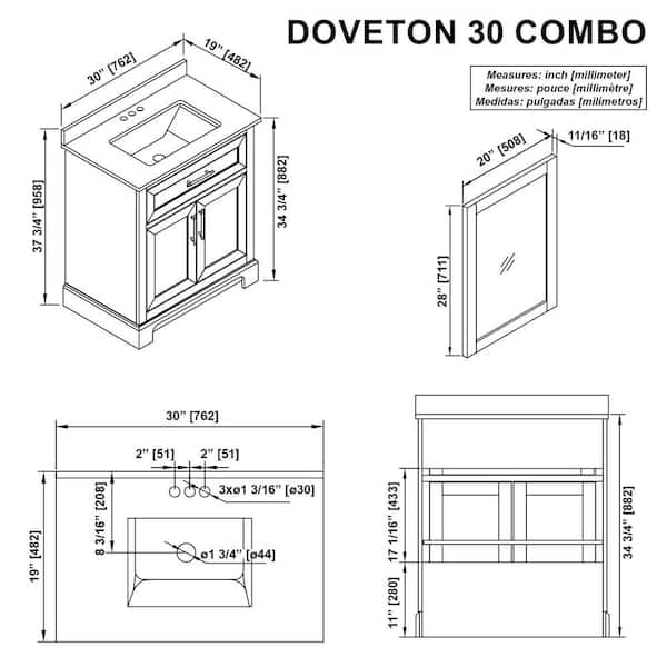 Doveton 30 in. W x 19 in. D x 34 in. H Single Sink Bath Vanity in White  with White Engineered Marble Top