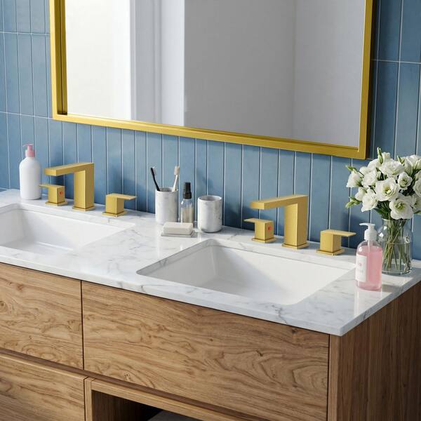 8 in. Widespread Double-Handle Bathroom Faucet with Pop-Up Drain Low Arc Vanity Faucet Spout in Gold