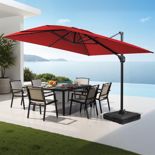 Pellebant 10 ft. x 10 ft. Aluminum Outdoor Parasol Offset Cantilever Tilt Rotational Patio Umbrella in Red with Umbrella Base