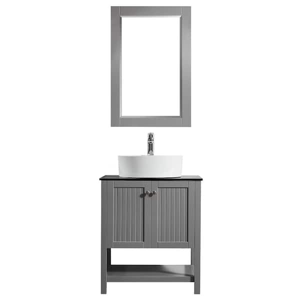 ROSWELL Modena 28 in. Bath Vanity in Grey with Tempered Glass Vanity Top in Black with White Vessel Sink and Mirror