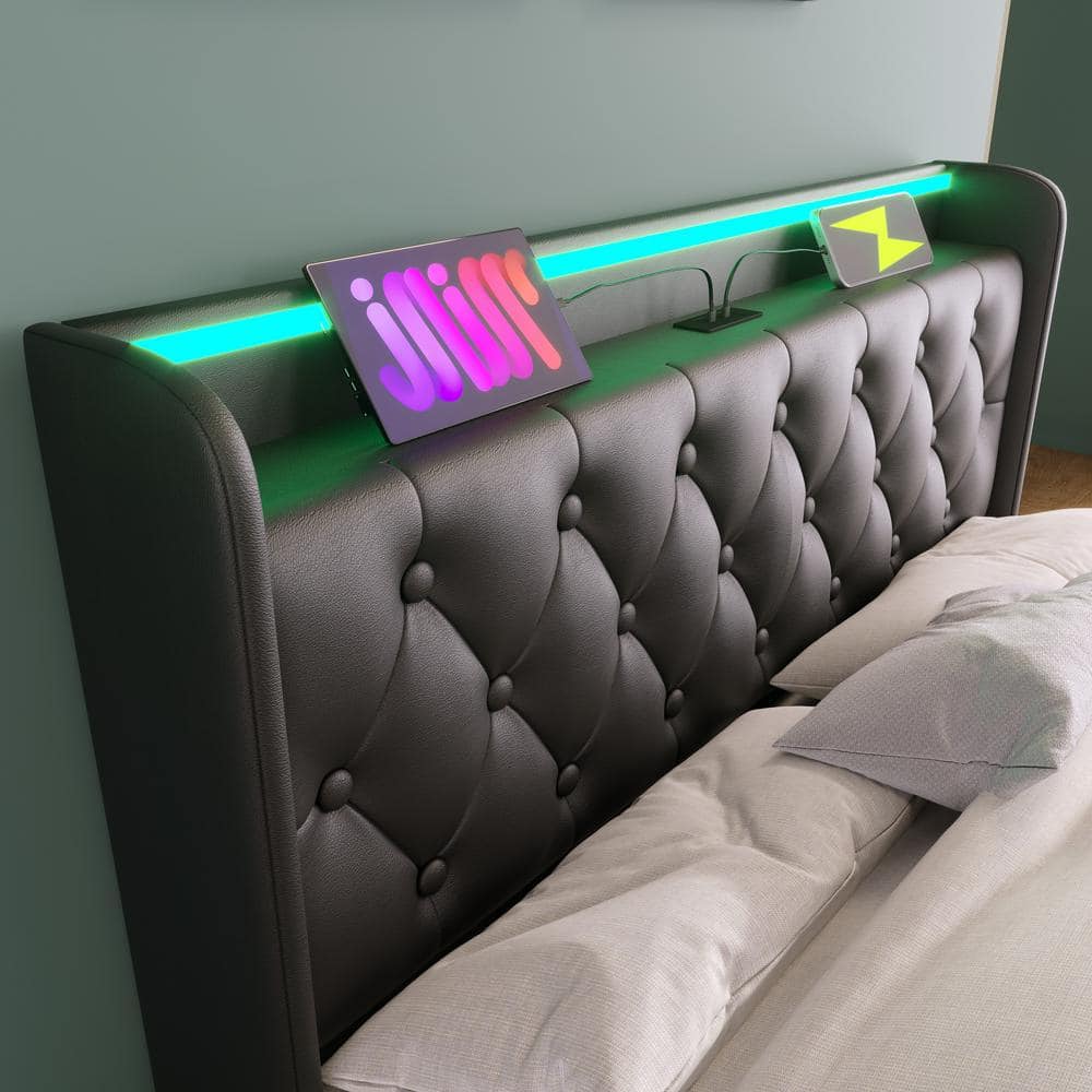 Black Wood and Metal Frame Upholstered PU Queen Platform Bed with Hydraulic Storage, USB Charging and 360° LED Light - thumbnail 9