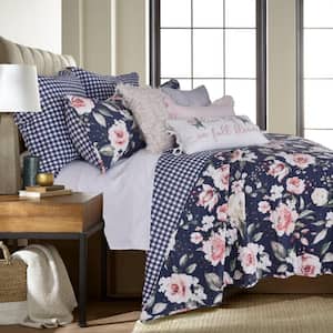Fillipa Charcoal Blue, Pink, Cream Floral Quilted Cotton Standard Sham