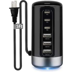 60W 6-Ports Universal USB and USB C Tower Fast Charging Station with 5 ft. Extension in Black