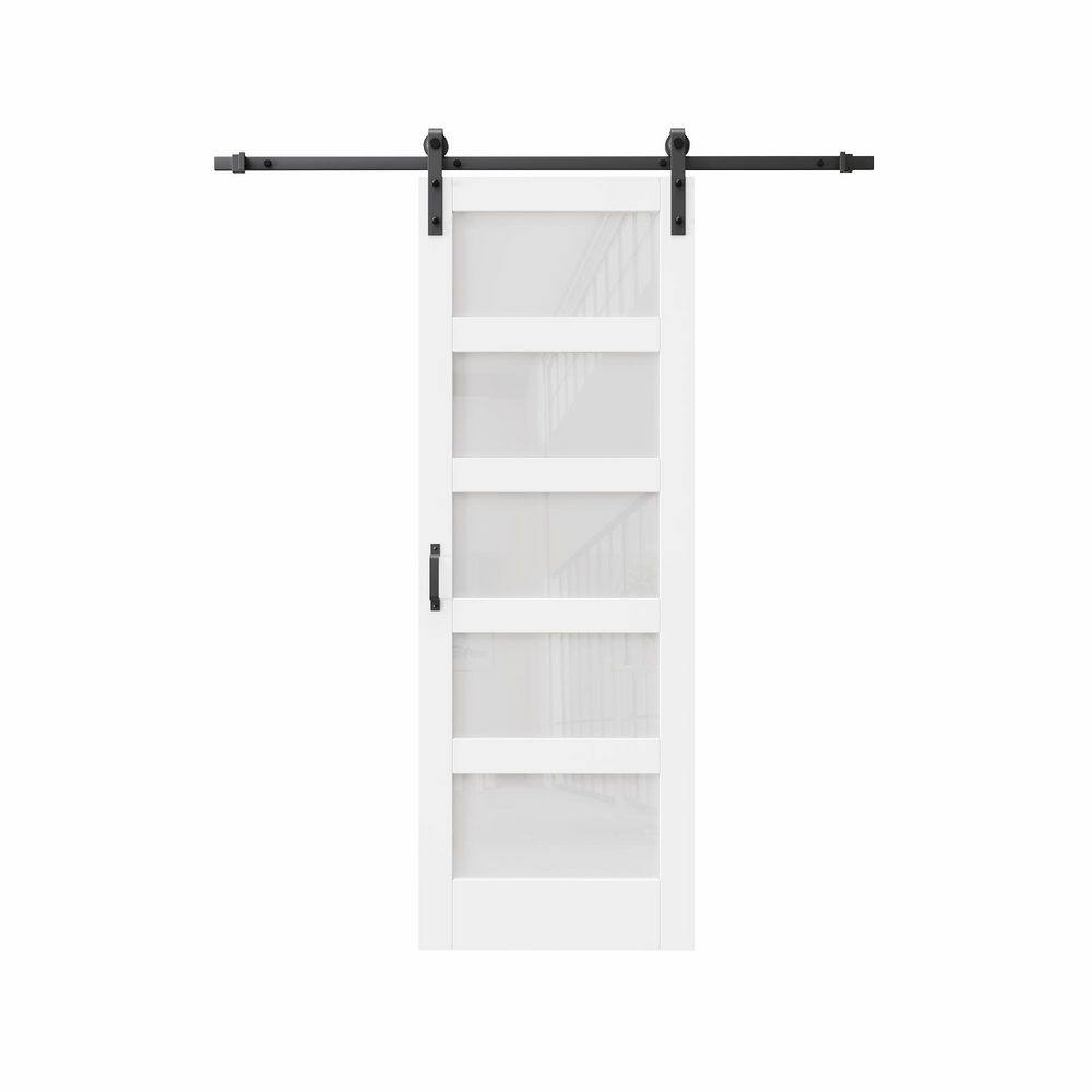 30 in. x 80 in. 5-Lite Frosted Glass White Primed MDF Sliding Barn Door with Hardware Kit and Soft Close for Bathroom price history on PriceWatchPro