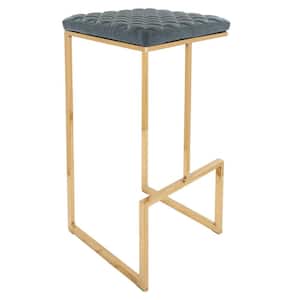Quincy 29 in. Quilted Stitched Leather Gold Metal Bar Stool with Footrest in Peacock Blue