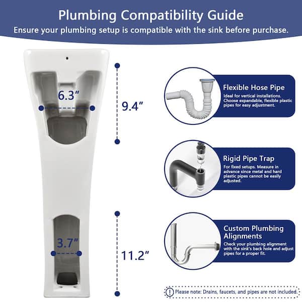 DeerValley Horizon Pedestal Sink – 11" X 13" X 35" Compact Ceramic Bathroom Sink With Overflow, Pre-Drilled Hole, Modern Freestanding White