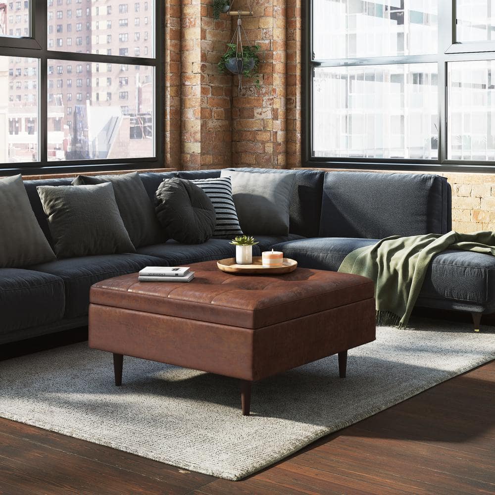 Shay 38" Distressed Saddle Brown Tufted Square Storage Ottoman