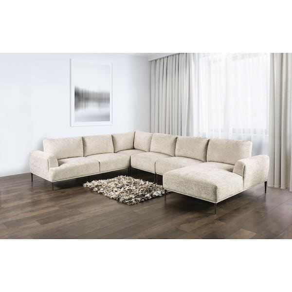 Furniture of America Orlandi 147 in. Flared Arm 1-Piece Chenille U-Shaped Sectional Sofa in Light Brown with Extendable Backrest