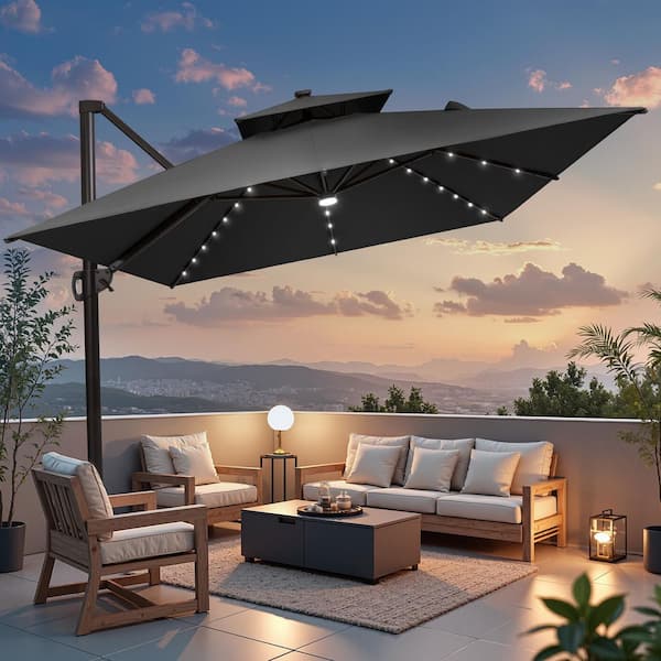 Pellebant Double Top 13 ft. x 10 ft. Heavy-Duty 360 Rotation Solar LED Lighted Cantilever Patio Umbrella in Black
