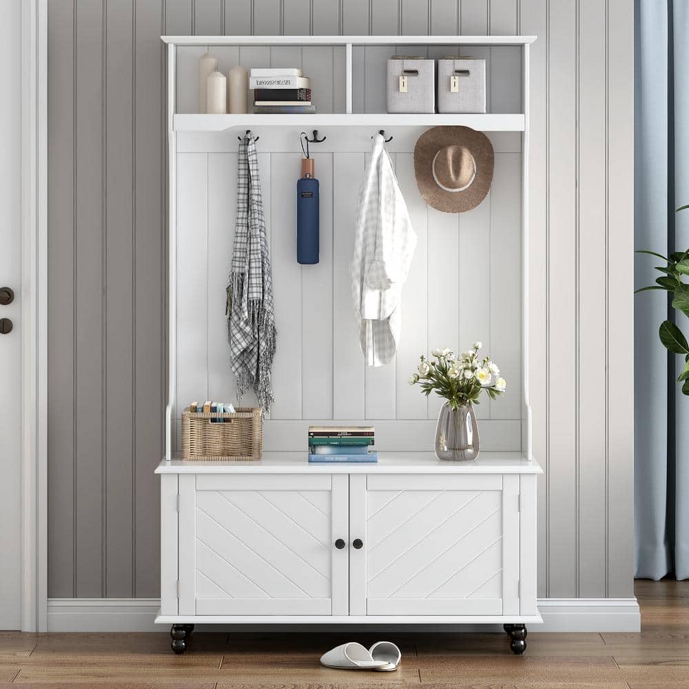 URTR White Hall Tree with Storage Bench Coat Rack Shoes Bench with 4 ...