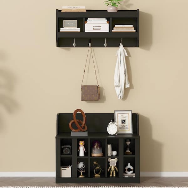 Unbranded 35.4 in. W x 15.7 in. D x 43.2 in. H Black Wood Hall Tree with Wall Mounted Coat Rack, 4-Hooks for Entryways Hallways