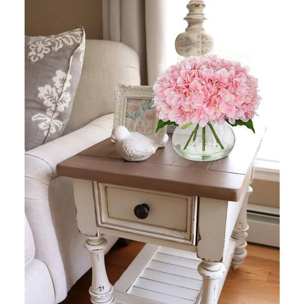 9.5 in. Pink Indoor Artificial Hydrangea Flowers in Glass Vase