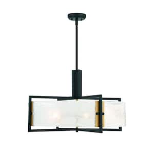 Hayward 28 in. W x 17 in. H 5-Light Matte Black with Warm Brass Accents Statement Pendant Light with Frosted Glass