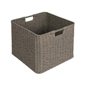 Gray Square Woven Paper Rope Decorative Basket with Stainless Steel Handles