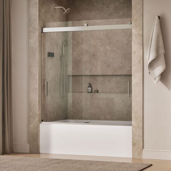 Levity 56-60 in. W x 62 in. H Semi-Frameless Sliding Tub Door in Nickel with 5/16 in. Thick Clear Tempered Glass