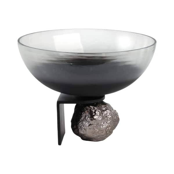 Liv & Skye Black/Silver 14 in. x 11 in. Glass Round Decorative Bowl On Rock Pedestal