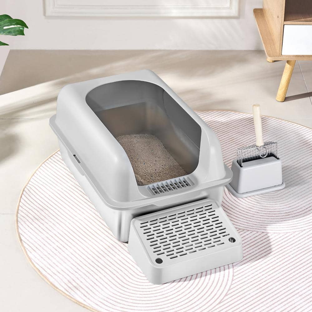 Light Gray Stainless Steel Extra Large Cat Litter Box with Scoop