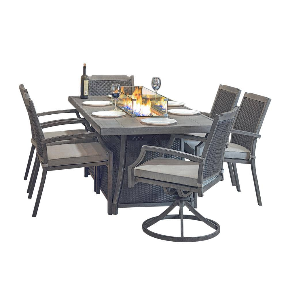 Elsa 7-Piece Ratten Wicker Outdoor Patio Conversation Set with Cushion and 76 in. Propane Gas Fire Pit Table in Gray -  Kinger Home, FPDTS-001GYGY