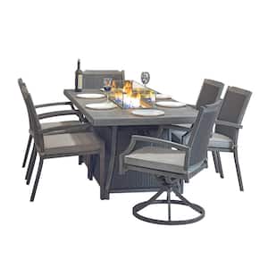 Elsa 7-Piece Ratten Wicker Outdoor Patio Conversation Set with Cushion and 76 in. Propane Gas Fire Pit Table in Gray