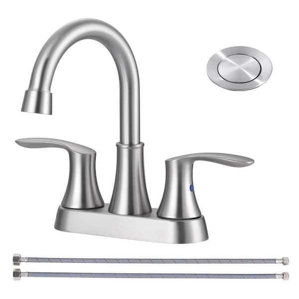 VEVETTA 4 in. Centerset Double Handle High Arc Stainless Steel Bathroom Faucet with Deckplate and Pop Up Drain in Brushed Nickel