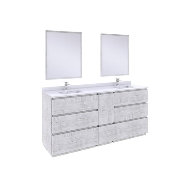 Fresca Formosa 72 in. Double Sink Freestanding Rustic White Bath Vanity with White Quartz Top, Ceramic Sinks and Mirrors