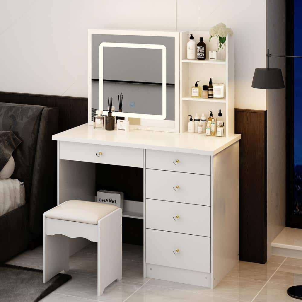 5-Drawers White Wood LED Push-Pull Mirror Makeup Vanity Sets Dressing Table Sets with Stool and 3-Tier Storage Shelves - thumbnail 2
