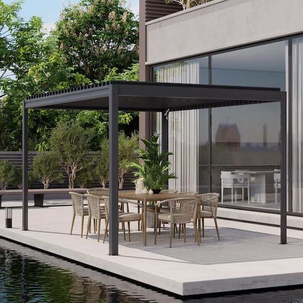 Celestia 10 ft. x 13 ft. Gray Aluminum Frame Outdoor Patio Louvered Pergola with Adjustable Shade Roof