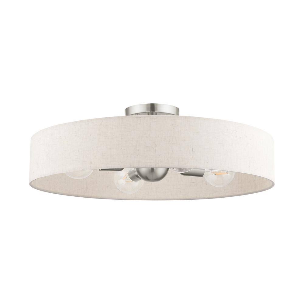Elegant Brushed Nickel 4-Light Semi-Flush Drum with Oatmeal Fabric Shade