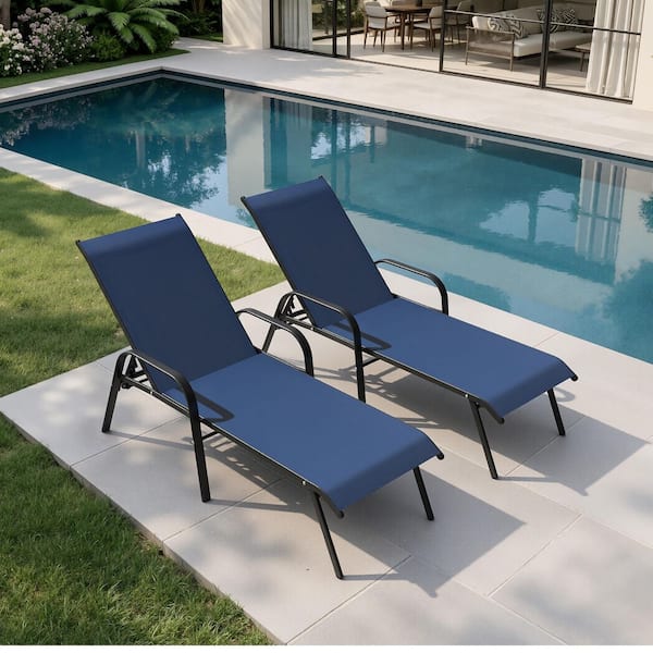 2-Piece Outdoor Chaise Lounge Chair with Metal Adjustable Backrest and Armrest Textilene in Navy Blue for Patio Pool