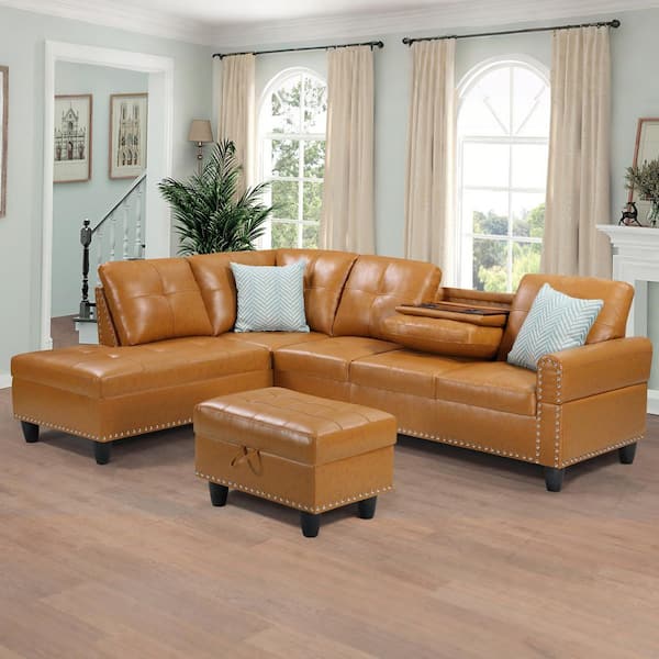 98 in. Faux Leather L-Shaped 3-Piece Cup Holders Chaise Lounge Sectional Sofa with Pillows and Storage Ottoman in. Brown