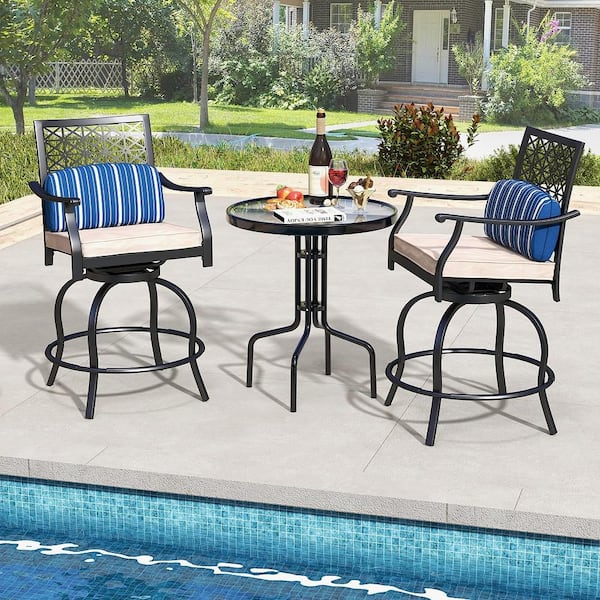 2-Piece Metal Patio Swivel Chairs Outdoor Bar Stools Height Chair Set with Cushions and Lumbar Pillows