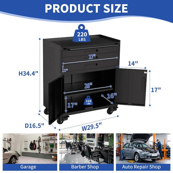 Black 34.3 in. Rolling Metal Tool Cabinet Heavy Duty Garage