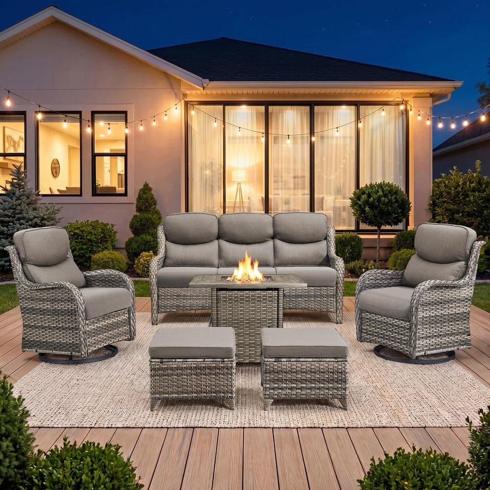 Sialion Gray 6-Piece Patio Conversation Set with 5 in. Gray Cushions, Swivel Glider Chairs and Propane Fire Pit Table price history on PriceWatchPro