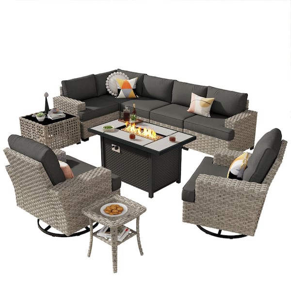 Felicity 10 Pieces Wicker Outdoor Patio Rectangular Fire Pit Set and Swivel Rocking Chairs with Black Cushions