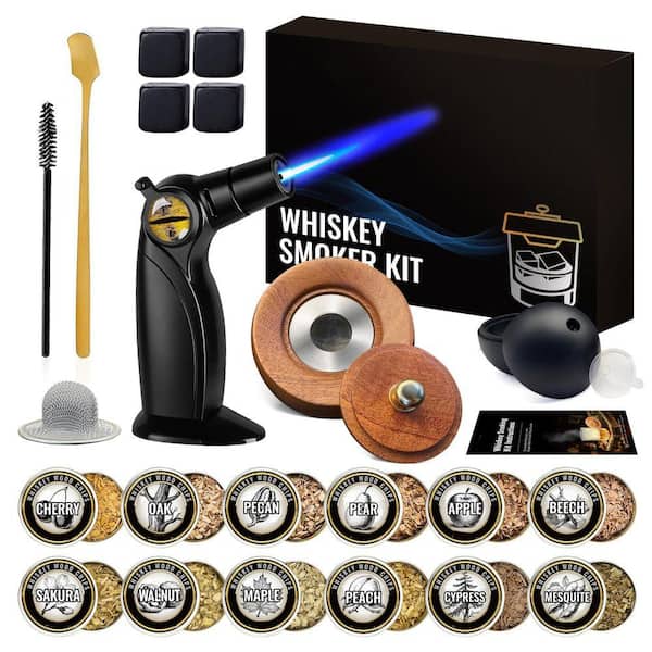 Black Wood Whiskey Cocktail Smoker Kit with Torch, 6 Wood Chip Flavors,No Butane Needed