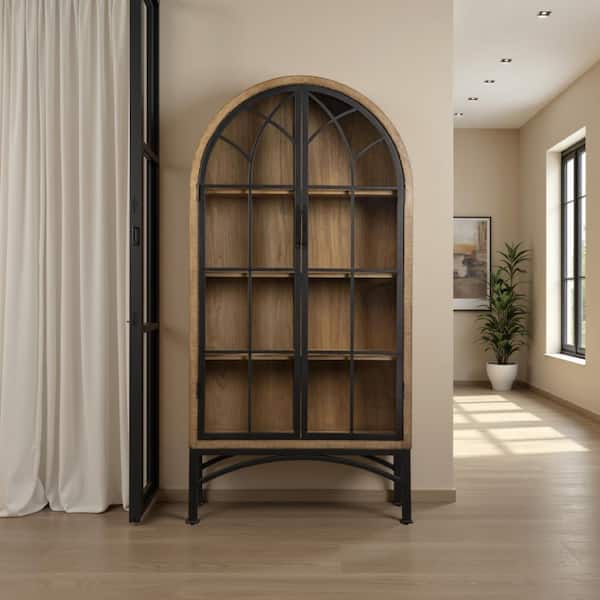 Veria Antique Natural Brown 83 in. Accent Cabinet with 3-Shelves and 2-Door Arch Frame