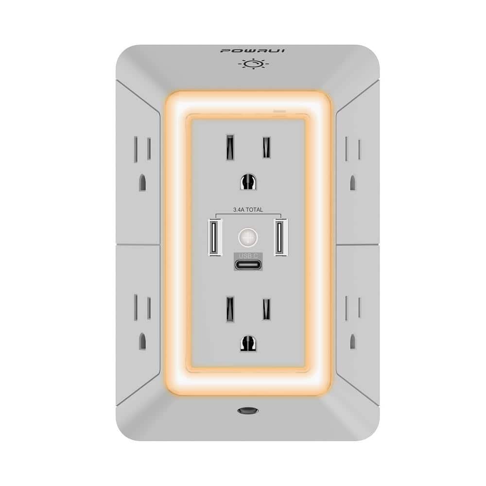 Grey 6-Outlet Surge Protector with USB Ports and Night Light