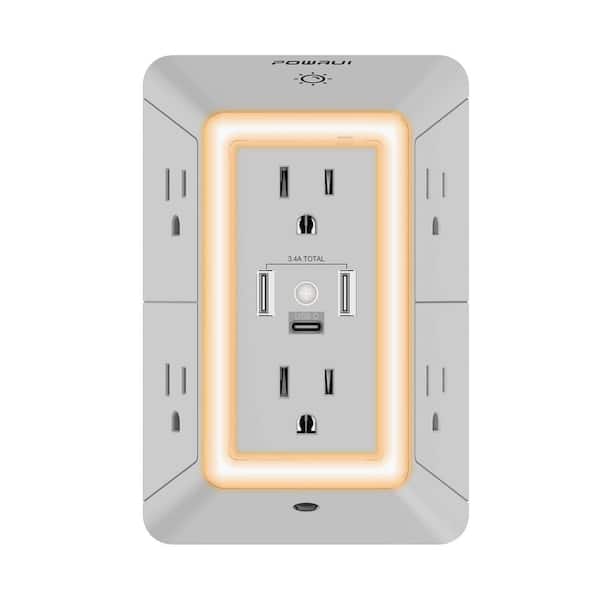 3 Sided 6-Outlet Multi Plug Outlet Surge Protector in Gray with 3 USB Ports and Night Light