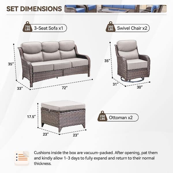 Crescent Brown Swivel Glider Wicker Patio Conversation Set with Beige Olefin 6 in. Thick Cushions/Couch (5-Piece)