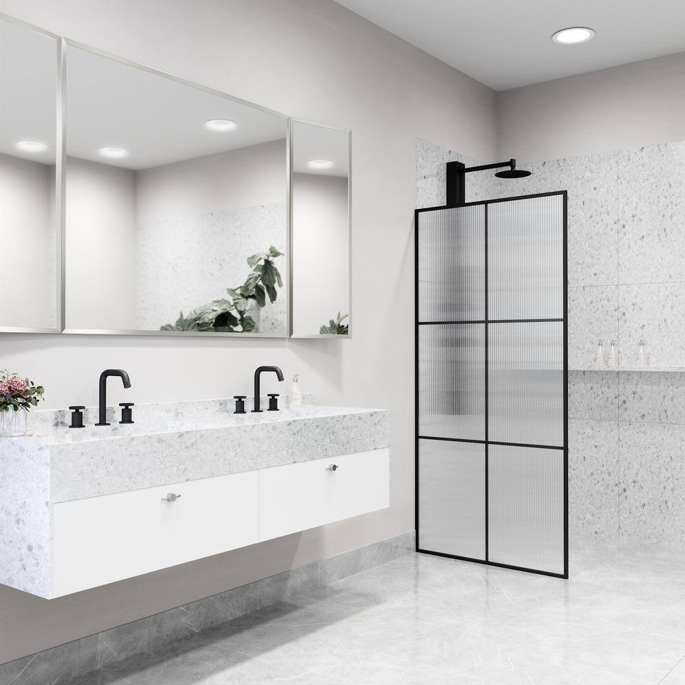 Ventana Matte Black 34" x 74" Framed Shower Screen with Fluted Glass