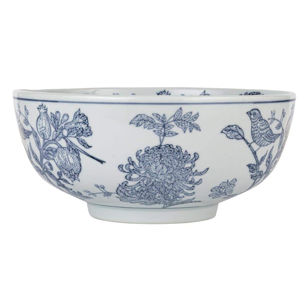 10 in. 105 fl. oz. Blue & White Aviary Garden Stoneware Stoneware Serving Bowl