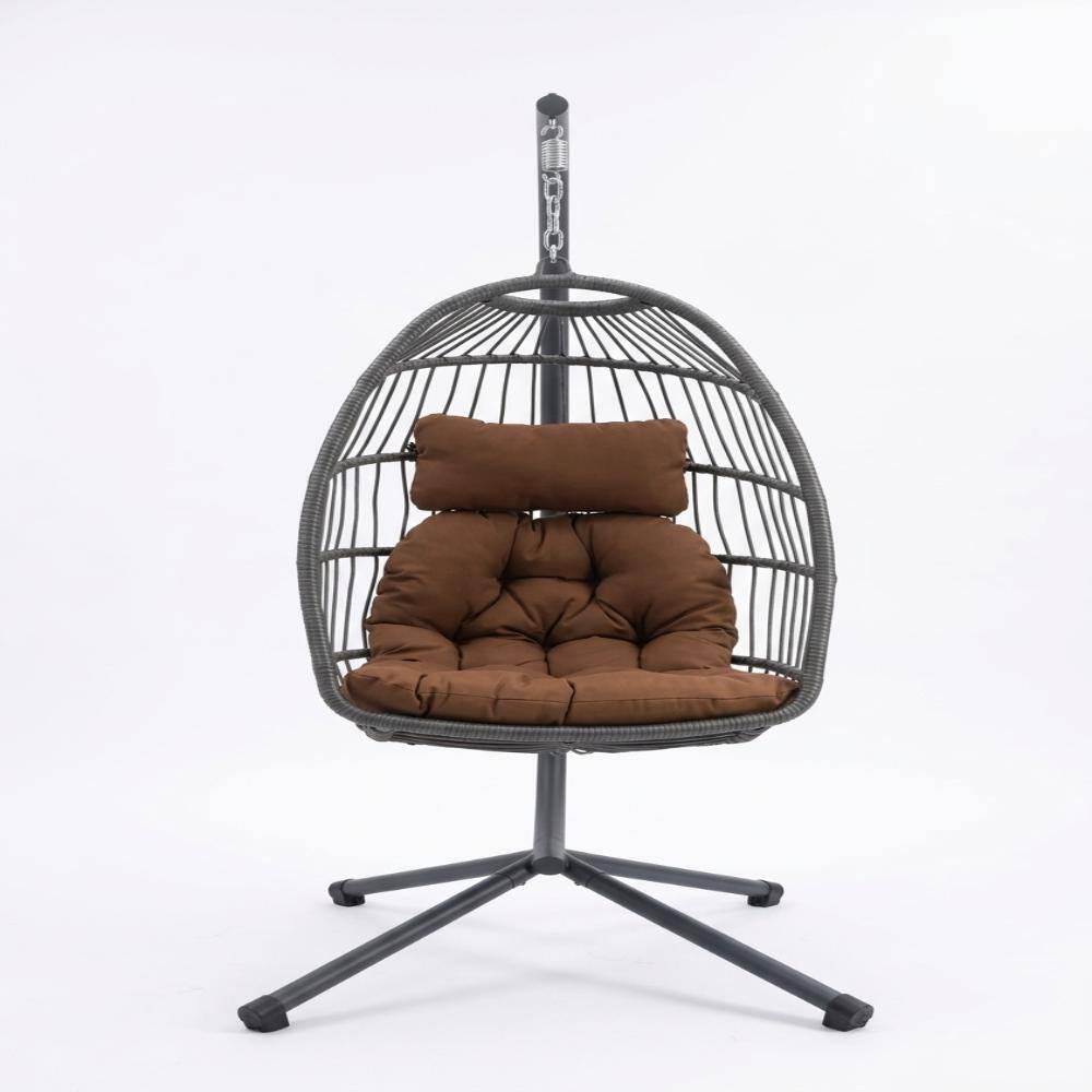 Black  Outdoor Wicker Hanging Swing Chair with Brown Cushion for Balcony