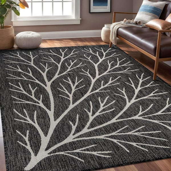 Flora Dark Gray 6 ft. x 9 ft. Coral Branch Washable Indoor Outdoor Area Rug