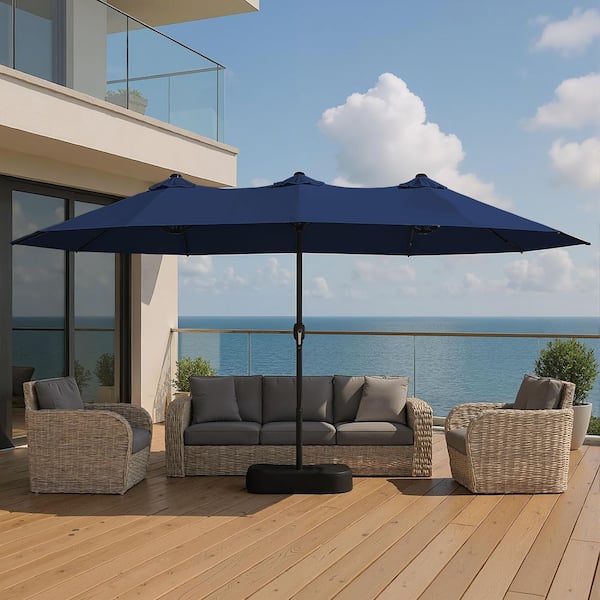 15 ft. Market Patio Umbrella with Crank, UPF50+ Polyester Canopy and Weighted Base in Navy Blue