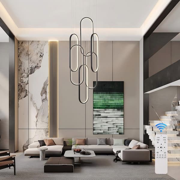 Modern LED Chandelier 6 Ring Dimmable Black High Ceiling Chandeliers with Remote Control for Foyer Entryway Staircase