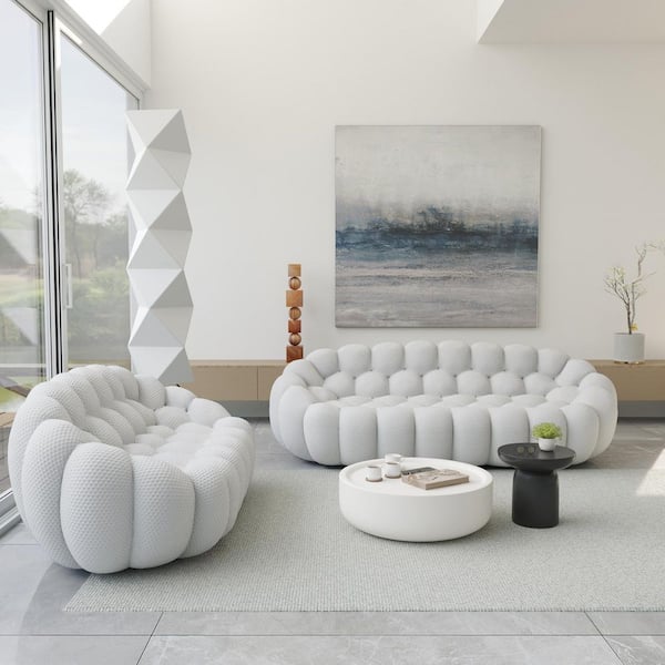 Modern (2-Piece) Gray Mesh Fabric Living Room Set Curved Bubble Couch Floor Sofa Set, No Assembly Required