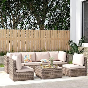 Brown 7-Piece Wicker Outdoor Sectional Set with Kihaki Cushions and Coffee Table